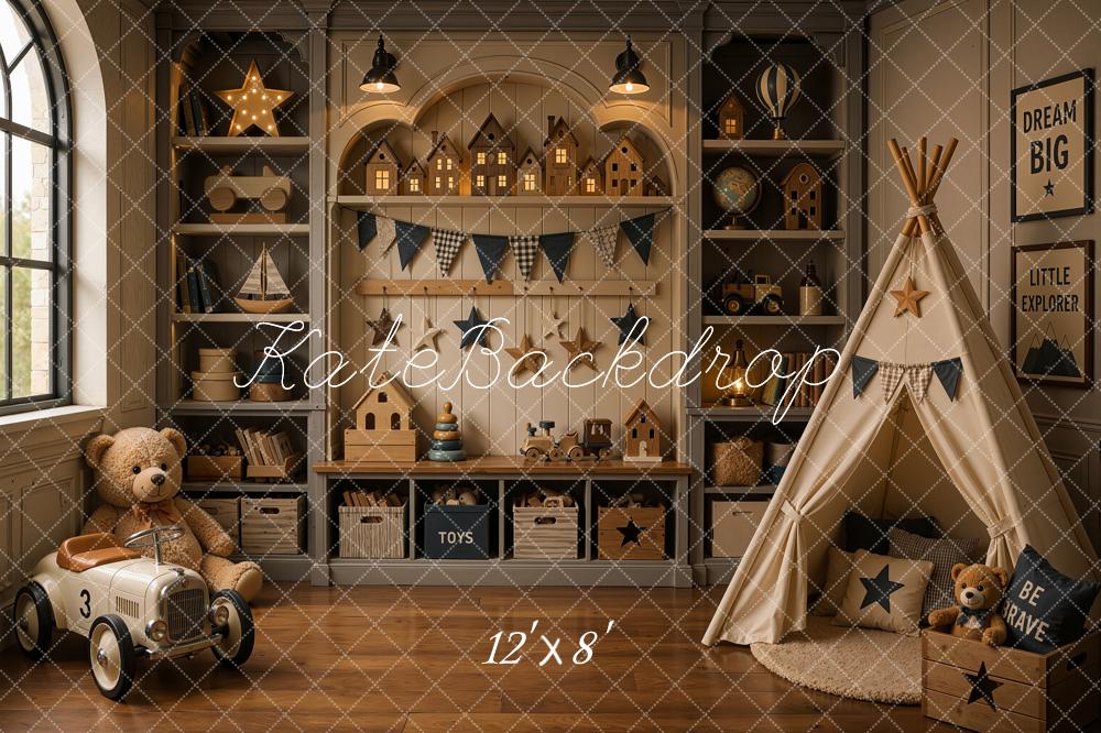 Kate Dreamy Brown Nursery Teepee Toy Room Printed Backdrop Designed by Shutter Swan Studios