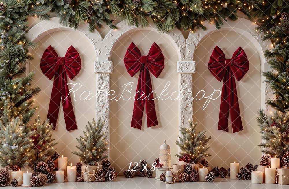 Kate Christmas Red Bow Arches Pine Garland Candles Printed Backdrop Designed by Emetselch
