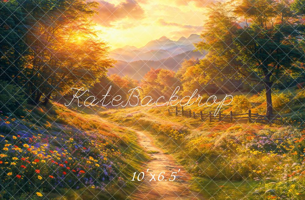 Kate Fall Forest Flowers Pathway Sunset Backdrop Designed by Emetselch