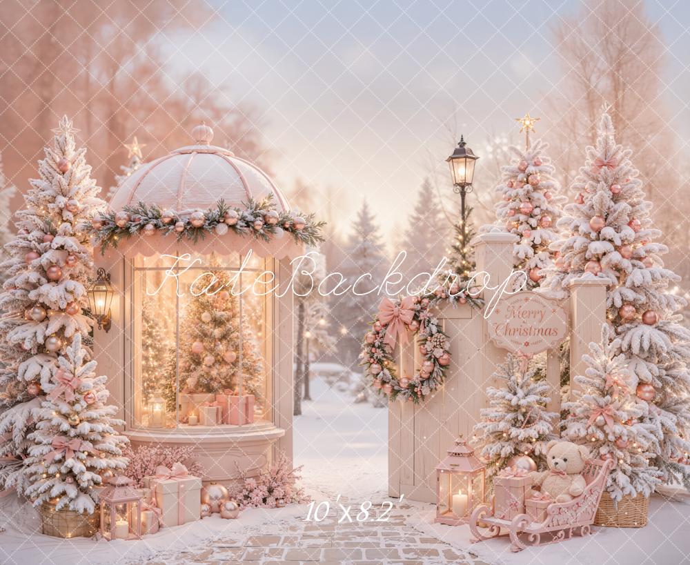 Kate Christmas Pink Gazebo Snowy Christmas Trees Gifts Sleigh Printed Backdrop Designed by Emetselch