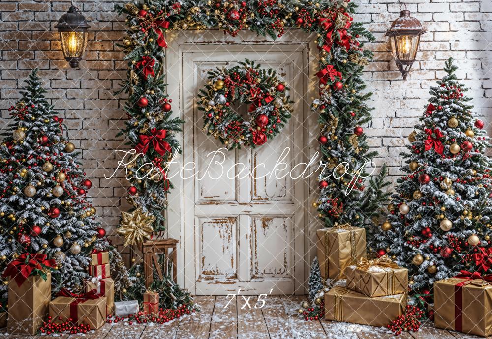 Kate Winter Christmas Tree White Door Gray Brick Wall Backdrop Designed by Emetselch