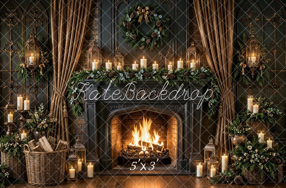 Kate Christmas Fireplace Vintage Wreath Greenery Candles Garland Lanterns Printed Backdrop Designed by Emetselch
