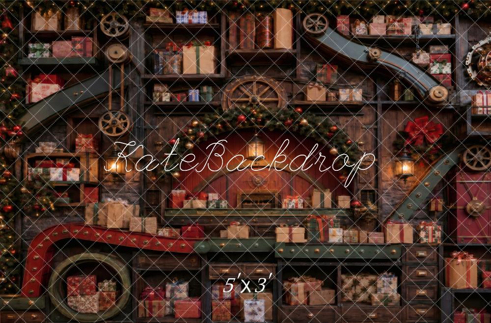 Kate Christmas Workshop Conveyor Shelves Presents Garland Printed Backdrop Designed by Vertigo Productions