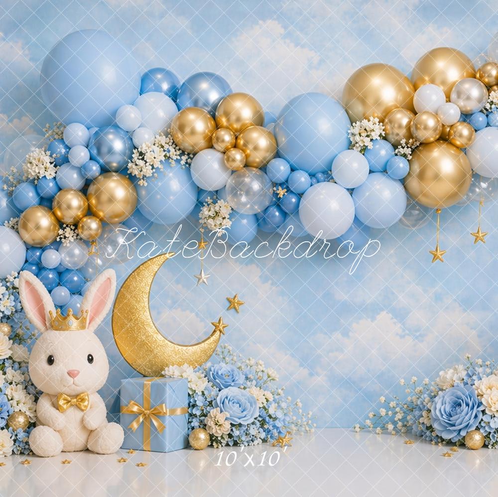 Kate Cake Smash Blue Bunny Balloon Arch Moon Stars Printed Backdrop Designed by Caitlin Lynch