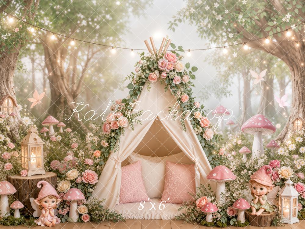 Kate Fairy Fantasy Tent Pink Mushrooms Flowers Forest Printed Backdrop Designed by Emetselch