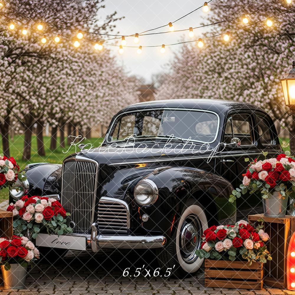 Kate Valentine's Day Vintage Car Cherry Blossom Roses Heart Lights Backdrop Designed by Patty Roberts