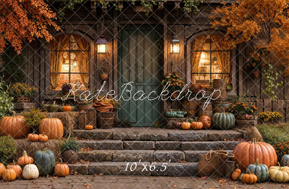 Kate Fall Pumpkins Rustic Porch Maple Trees Backdrop Designed by Emetselch