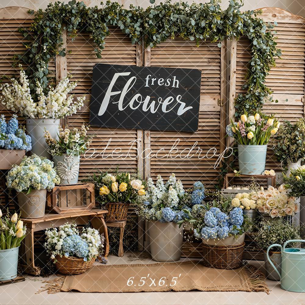 Kate Flower Market Rustic Shutters Blue Hydrangea Tulip Arrangement Backdrop Designed by Emetselch