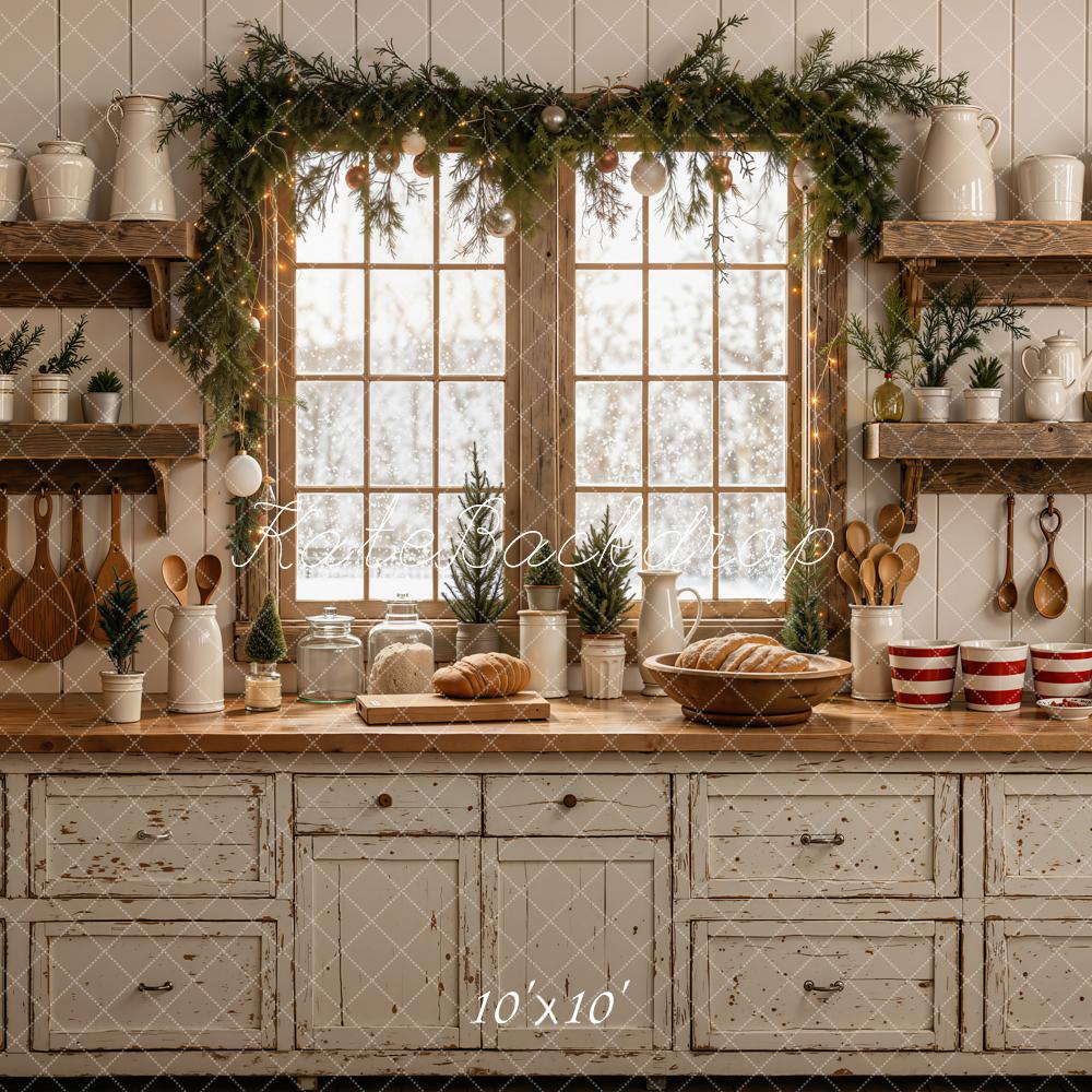 Kate Christmas Kitchen Window Garland Rustic Wooden Shelves Bread Printed Backdrop Designed by Emetselch