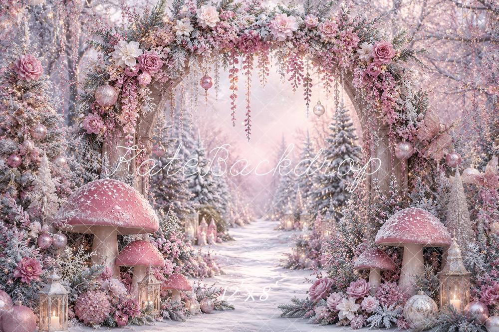 Kate Winter Wonderland Mushrooms Pink Floral Arch Snowy Forest Printed Backdrop Designed by Ashley Paul