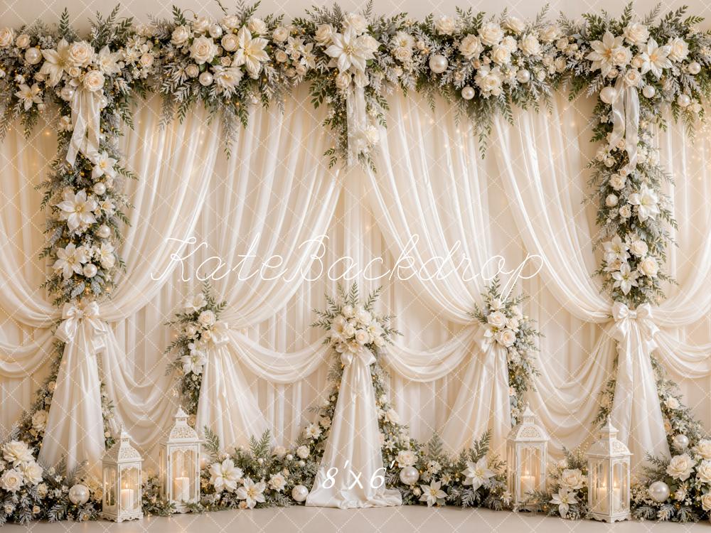 Kate Elegant Drapes Romantic White Flower Arch Lanterns Printed Backdrop Designed by Emetselch
