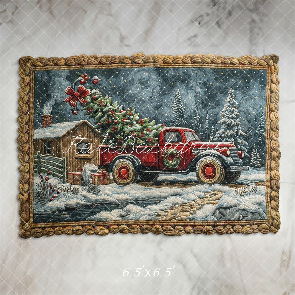 Kate Christmas Truck Snowy Cabin Floor Backdrop Designed by Laura Bybee