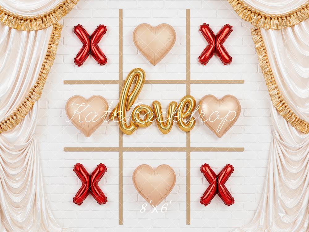 Kate Valentine's Day Tic Tac Toe Heart Balloons Drapery Printed Backdrop Designed by Mini MakeBelieve