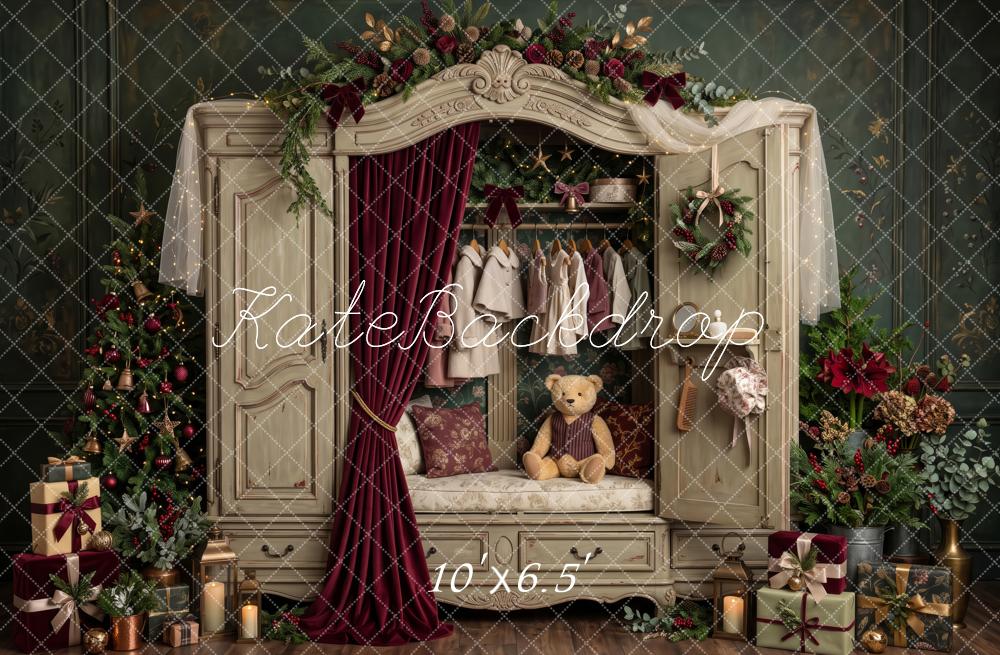 Kate Christmas Vintage Wardrobe Teddy Bear Tree Printed Backdrop Designed by Patty Roberts