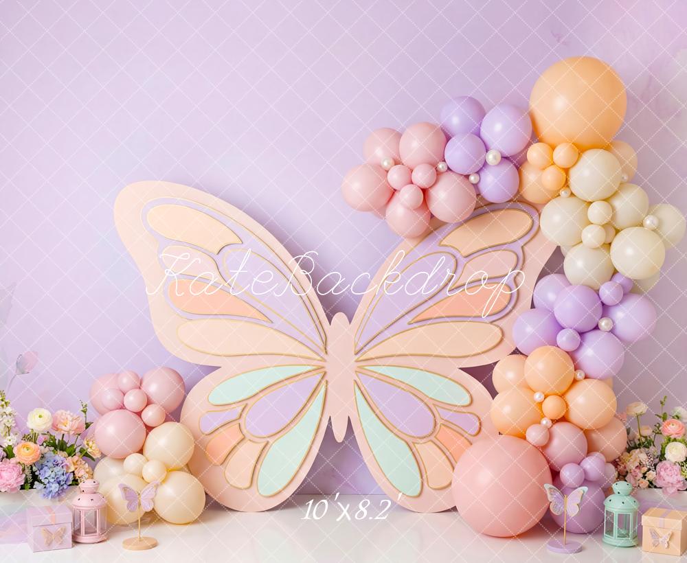 Kate Cake Smash Pastel Butterfly Balloons Flowers Printed Backdrop Designed by Patty Roberts
