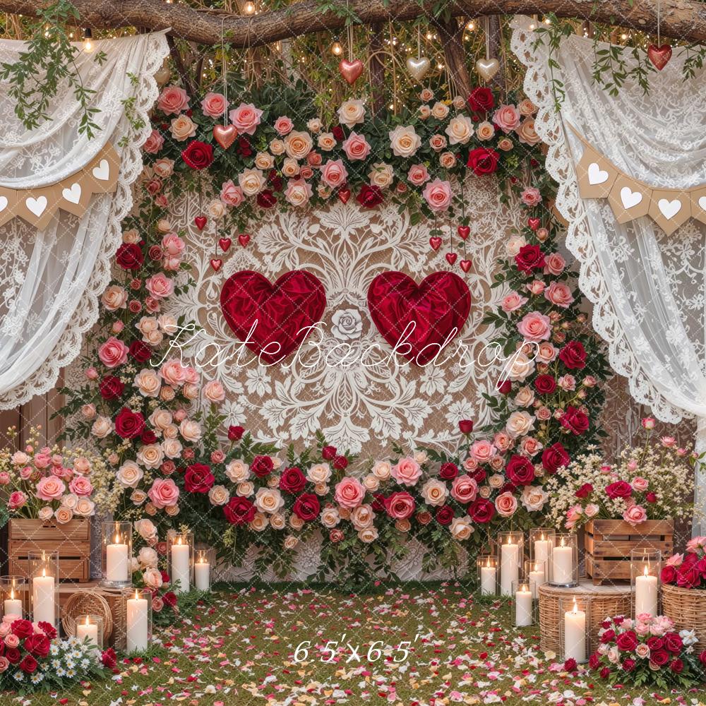 Kate Valentine's Day Lace Curtains Flower Branch Arch Heart Printed Backdrop Designed by Mini MakeBelieve