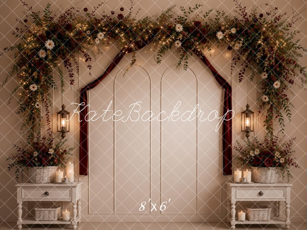 Kate Valentine's Day Headboard Flower Arch Brambles Lanterns Burgundy Cream Printed Backdrop Designed by Ashley Ward