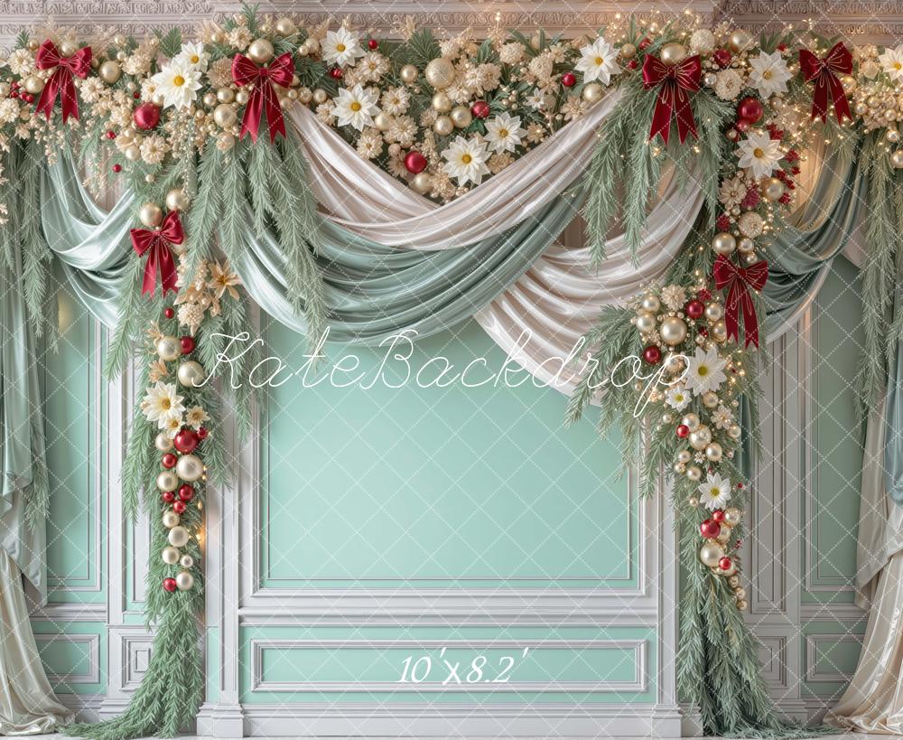 Kate Christmas Mint Green Garland Draped Curtains Printed Backdrop Designed by Mini MakeBelieve