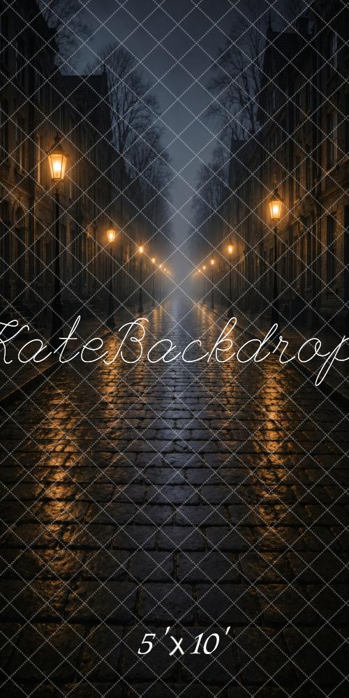 Kate Sweep Halloween Foggy Dark Cobblestone Street Lamps Printed Backdrop Designed by Vertigo Productions