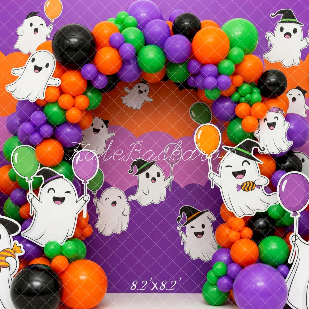 Kate Halloween Cake Smash Ghost Balloon Arch Purple Orange Backdrop Designed by Patty Roberts