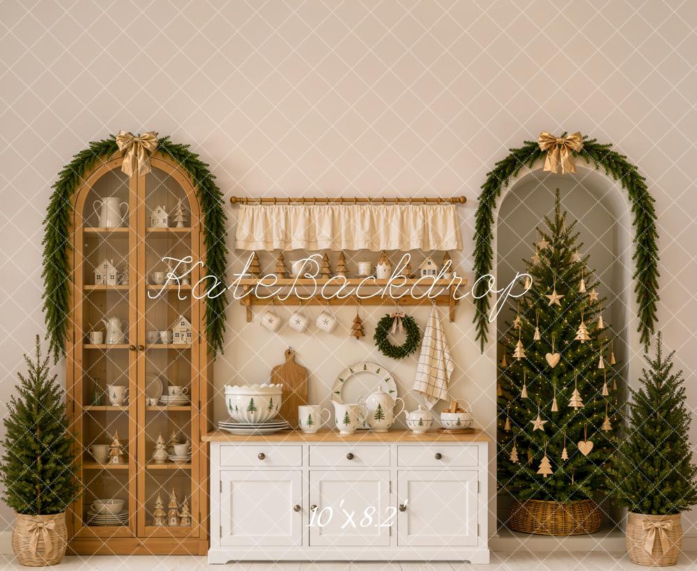 Kate Christmas Tree Modern Kitchen Cabinet Garland Gold Bow Printed Backdrop Designed by Emetselch