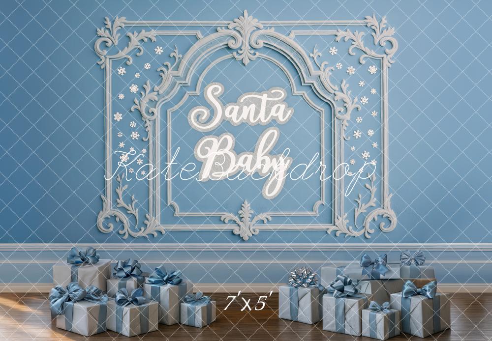 Kate Christmas Blue Santa Baby Ornate Frame Gifts Backdrop Designed by Mini MakeBelieve