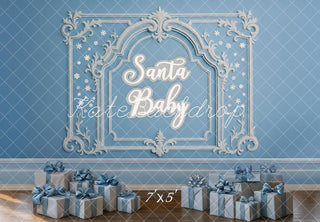 Kate Christmas Blue Santa Baby Ornate Frame Gifts Printed Backdrop Designed by Mini MakeBelieve