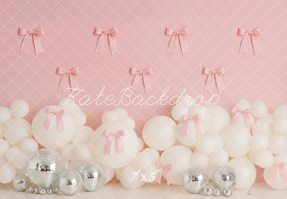 Kate Cake Smash Pink Bows White Balloons Silver Disco Balls Backdrop Designed by Patty Roberts