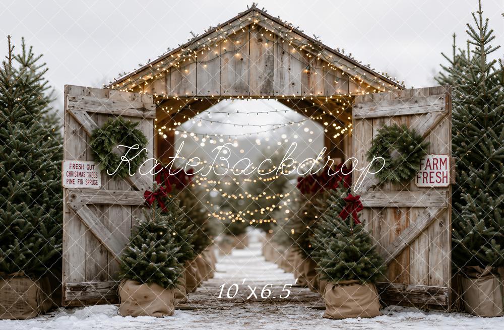 Kate Christmas Tree Farm Rustic Wood Barn Printed Backdrop Designed by Emetselch
