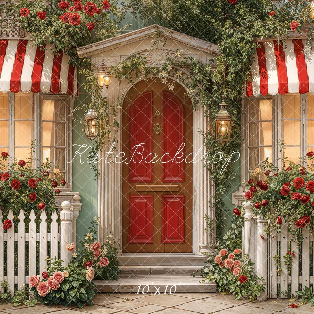 Kate Valentine's Day Red Striped Awning Door Rose Garden Porch Backdrop Designed by Emetselch