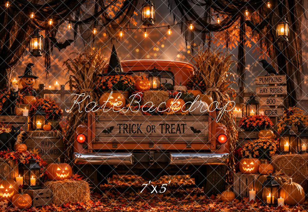 Kate Halloween Orange Vintage Truck Pumpkins Hay Bales Lanterns Printed Backdrop Designed by Emetselch