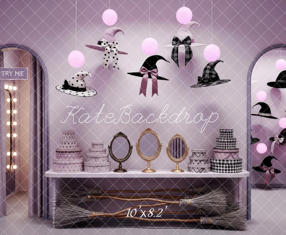Kate Halloween Witch Hat Vanity Brooms Purple Backdrop Designed by Patty Roberts