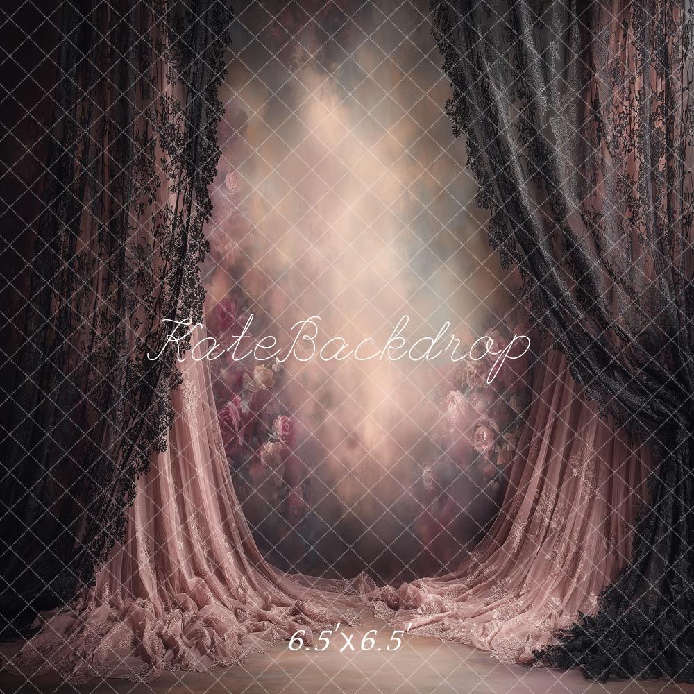 Kate Boudoir Pink Black Lace Curtains Floral Printed Backdrop Printed Backdrop Designed by Angela Miller