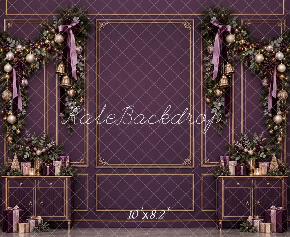 Kate Christmas Purple Garland Cabinet Gold Molding Bows Printed Backdrop Designed by Vertigo Productions