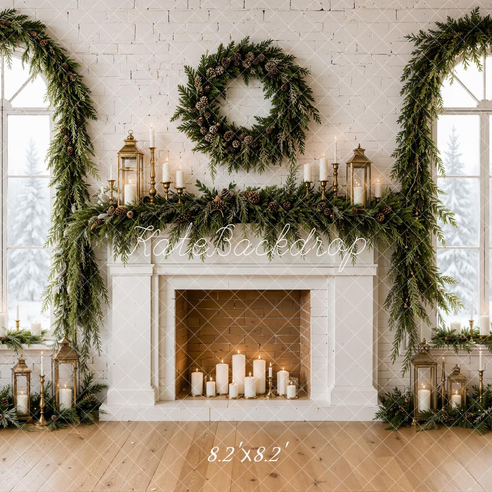 Kate Christmas Evergreen Garland Wreath White Fireplace Printed Backdrop Designed by Emetselch