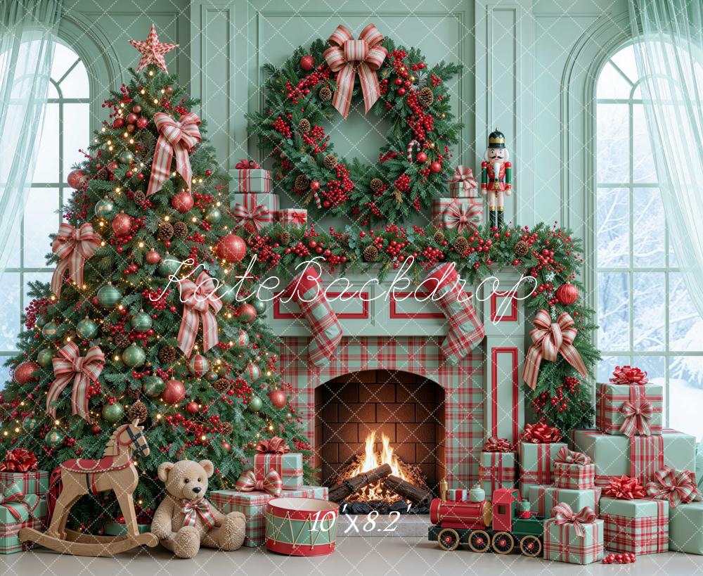 Kate Christmas Tree Fireplace Wreath Nutcracker Plaid Green Printed Backdrop Designed by Mini MakeBelieve