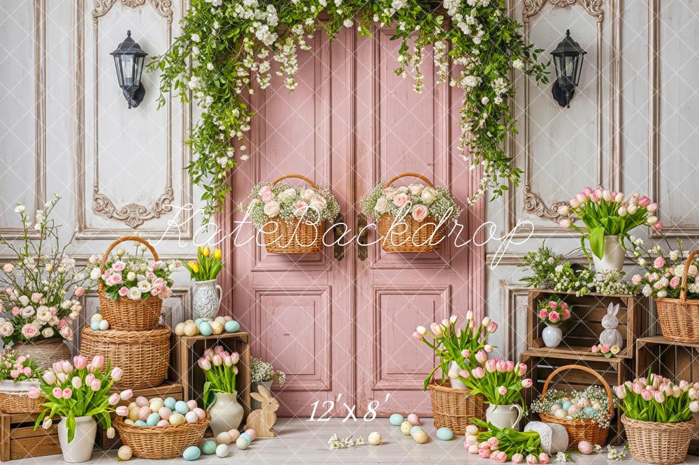 Kate Easter Basket Pastel Eggs Pink Door Flowers Printed Backdrop Designed by Patty Roberts
