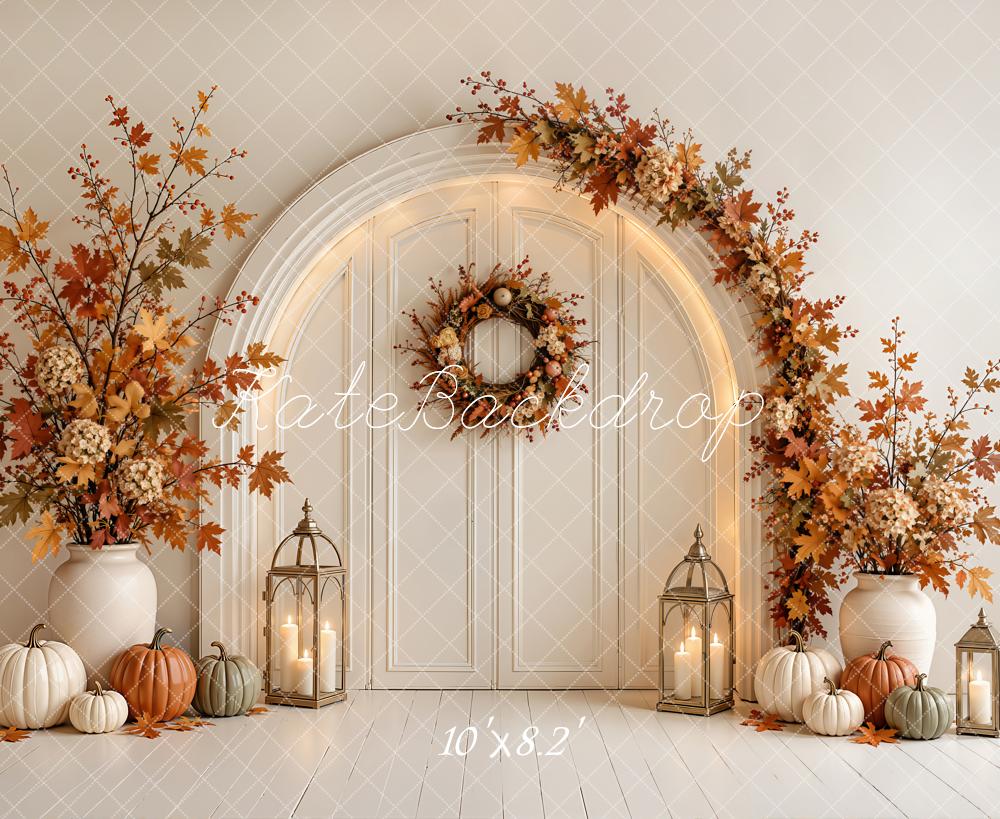 Kate Fall Beige Pumpkin Floral Arched Door Printed Backdrop Designed by Emetselch
