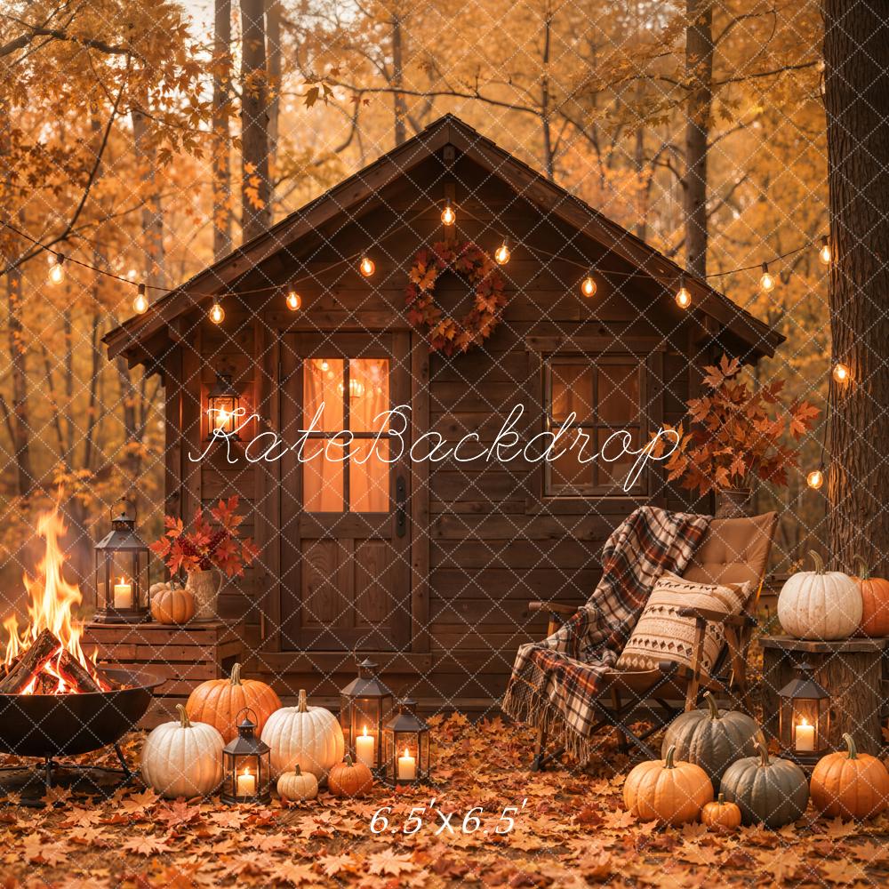 Kate Fall Forest Cabin Pumpkin Fire Pit Printed Backdrop Designed by Emetselch