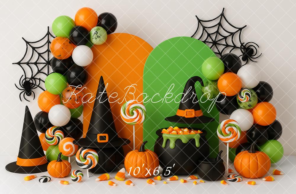 Kate Halloween Witch Hat Pumpkin Cauldron Balloons Backdrop Designed by Ashley Paul