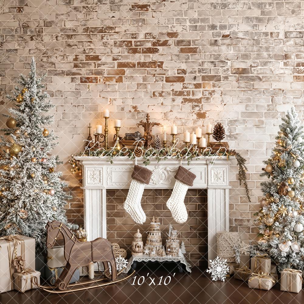 Kate Christmas Fireplace Frosted Trees Vintage Brick Wall Backdrop Designed by Emetselch