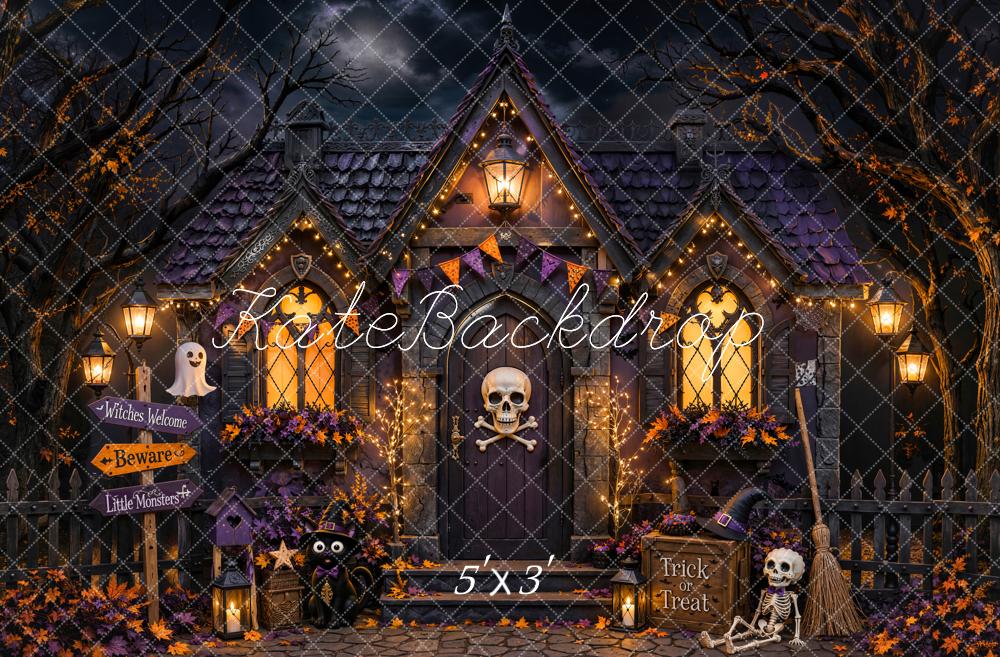 Kate Halloween Night Haunted House Skull Skeleton Doorway Printed Backdrop Designed by Chain Photography