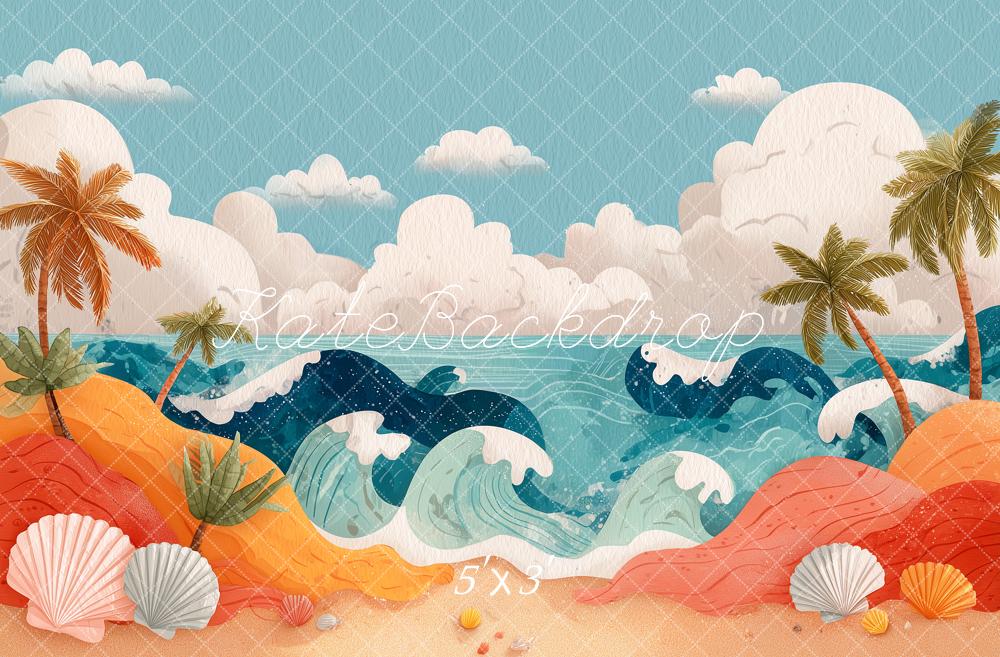 Kate Summer Beach Waves Palm Trees Shells Clouds Printed Backdrop Designed by Angela Miller