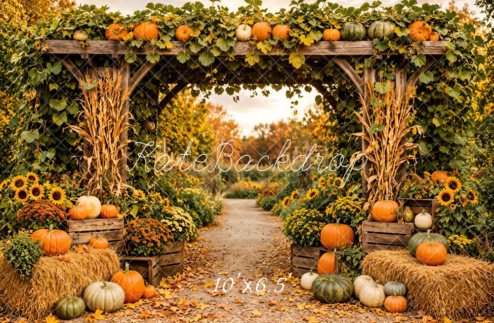 Kate Fall Floral Archway Pumpkin Sunflowers Hay Bales Printed Backdrop Designed by Emetselch