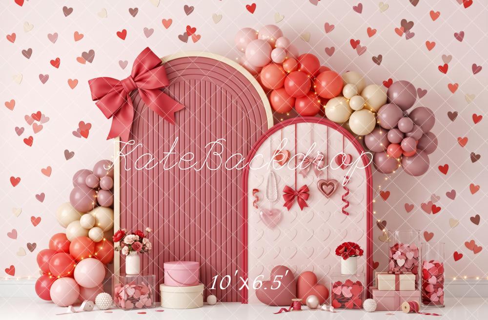 Kate Valentine's Day Cake Smash Pink Heart Balloon Arch Bow Printed Backdrop Designed by Patty Roberts