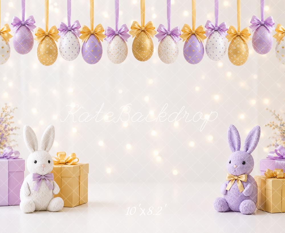 Kate Easter Bunny Purple Gold Eggs Gifts Flowers Printed Backdrop Designed by Angela Miller