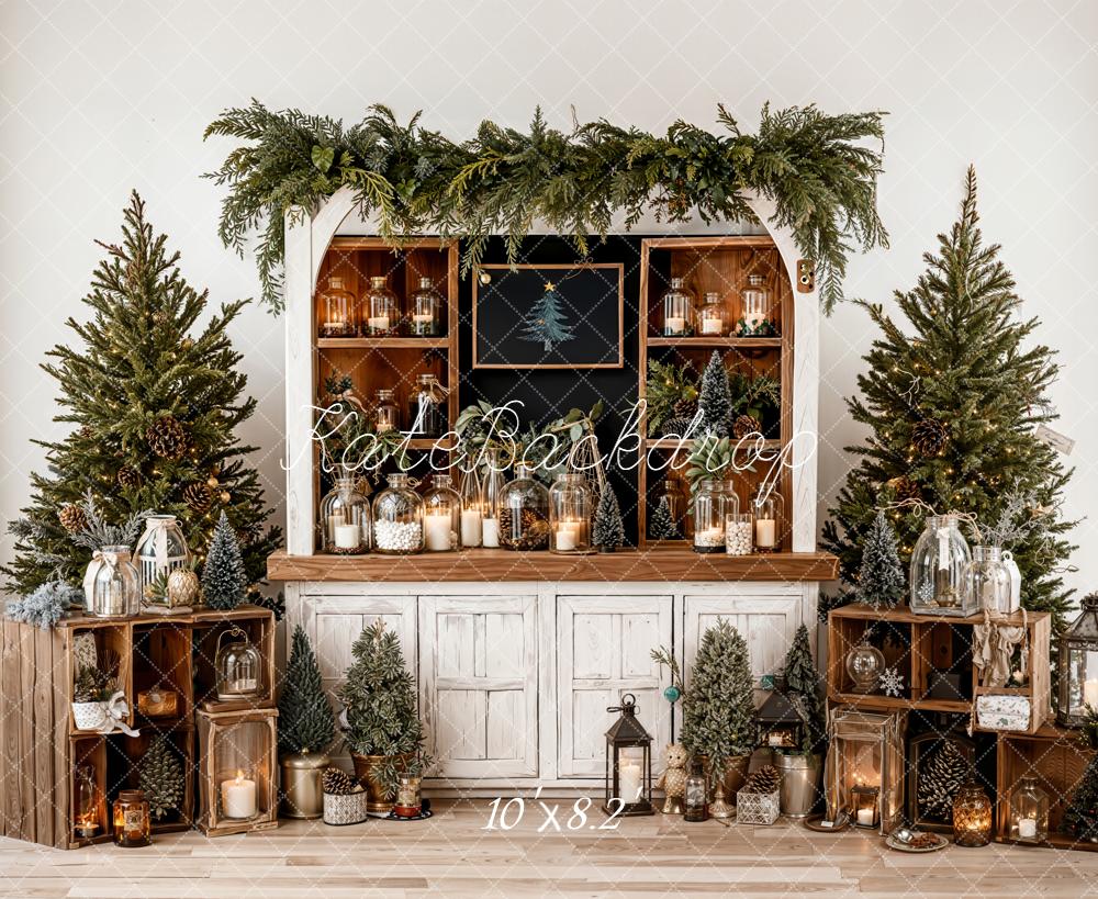 Kate Christmas Pine Trees Wooden White Cabinet Bottles Backdrop Designed by Emetselch