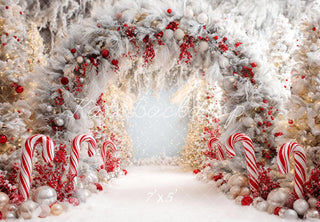 Kate Christmas Winter Candy Cane Arch Snowy Trees Printed Backdrop Designed by Patty Roberts