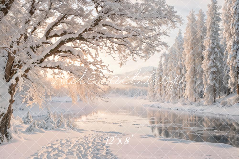Kate Winter Snowy Forest Lake Sunrise Printed Backdrop Designed by Emetselch