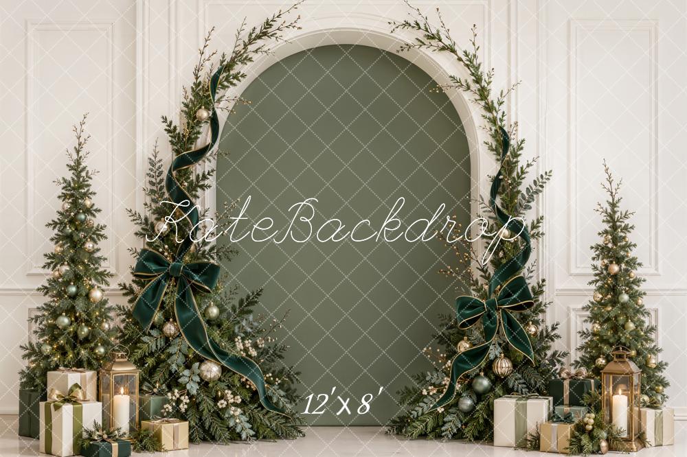 Kate Christmas Evergreen Arch Trees Green Velvet Bow Gifts Printed Backdrop Designed by Emetselch